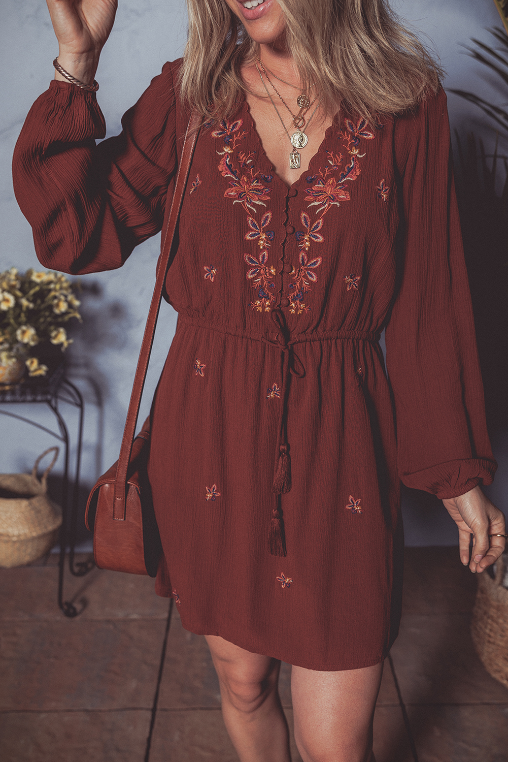 Floral Embroidered Tassel Tie Waist Long Sleeve Mini Dress: Burgundy / S
