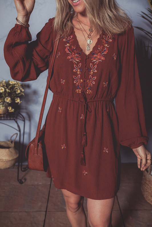 Floral Embroidered Tassel Tie Waist Long Sleeve Mini Dress: Burgundy / S