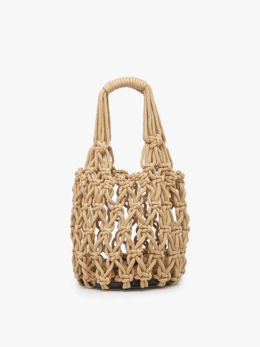 N2003 Colbie Macrame Mini Bucket Bag w/ Vegan Leather Base: Camel