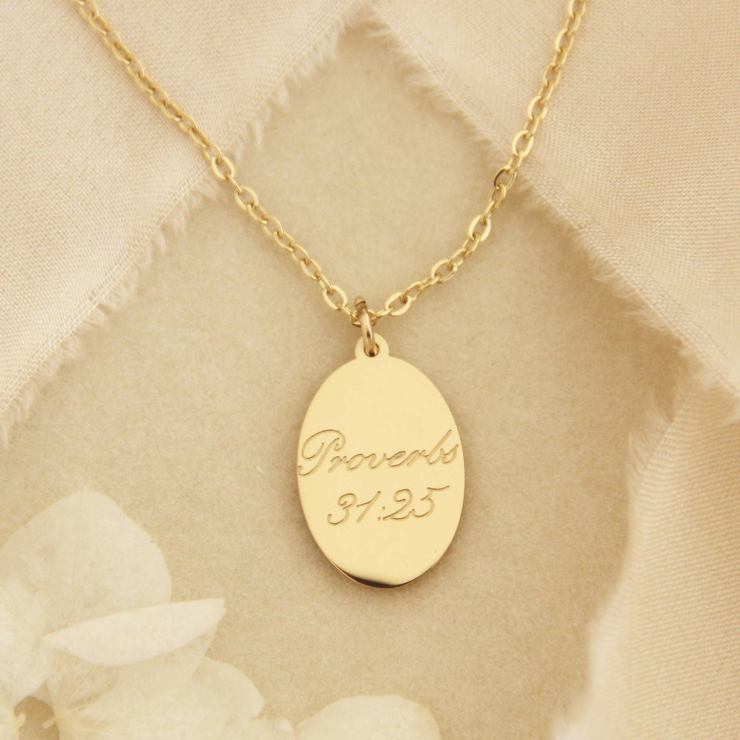 Strength + Dignity are Her Clothing Necklace, Proverbs 31:25: Yellow Gold
