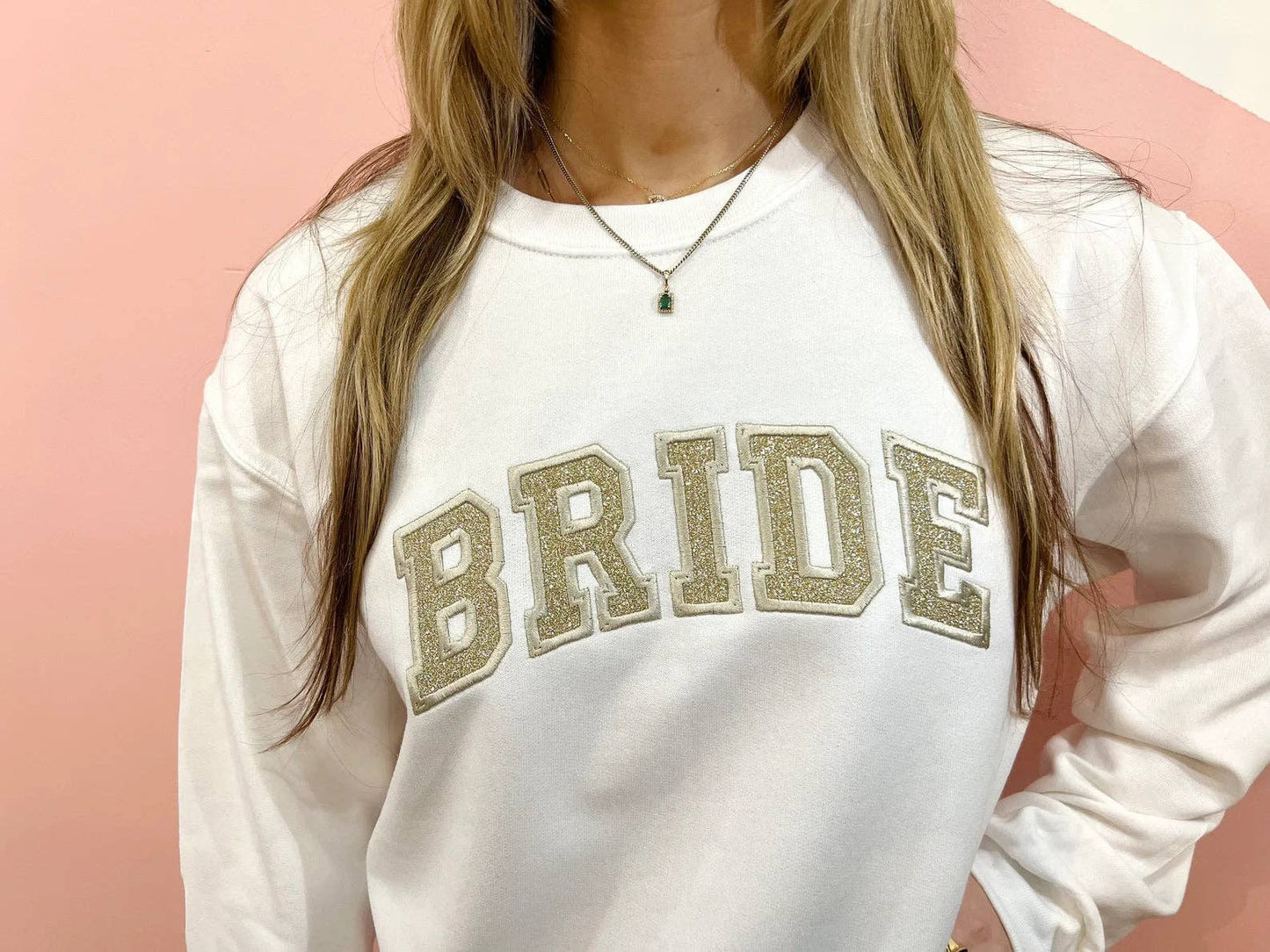 Embroidered Bride Glitter Crewneck Sweatshirt: White / Small