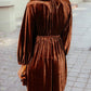 Elastic V Neck Puff Sleeve Short Velvet Dress: Clay / L