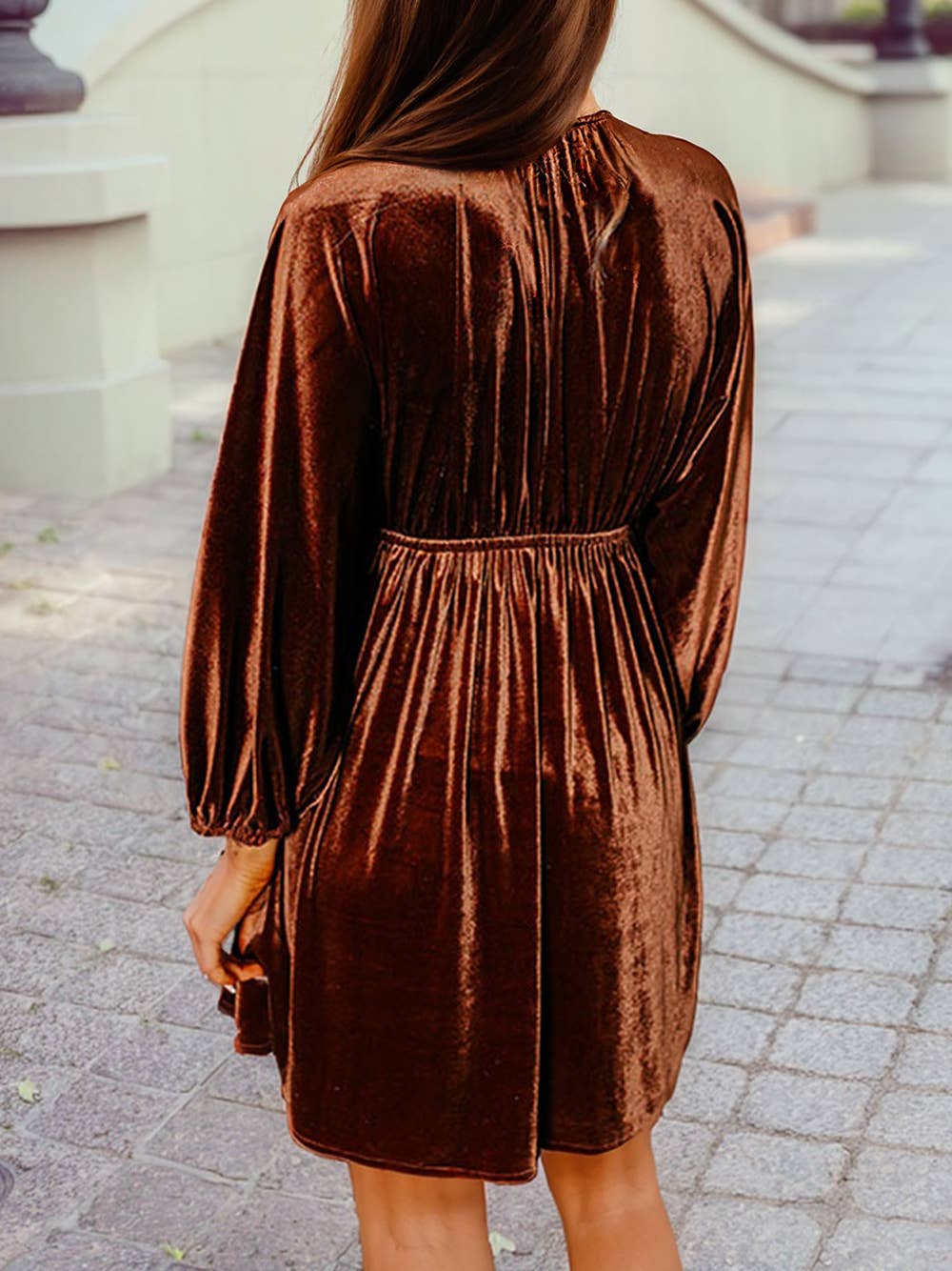 Elastic V Neck Puff Sleeve Short Velvet Dress: Clay / L