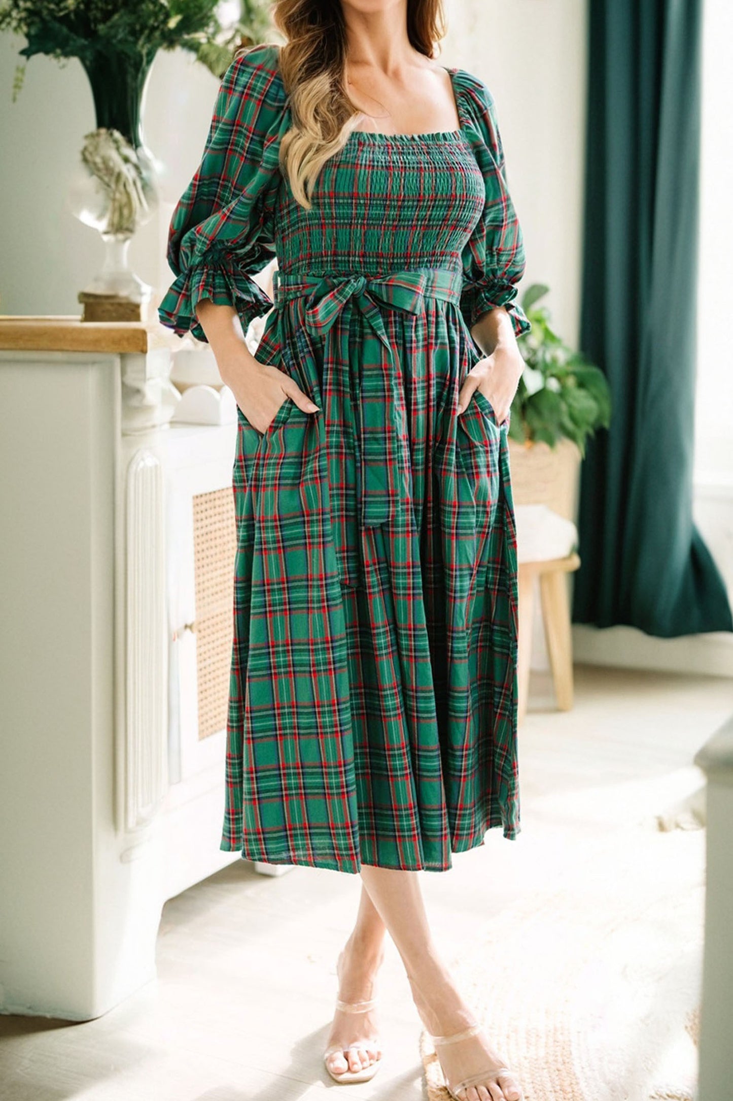 Emerald Tartan Smocked Midi Dress