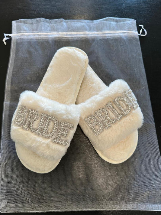 Plush Rhinestone & Pearl "Bride" Slippers