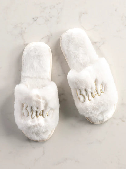 Plush Embroidered "Bride" Slippers
