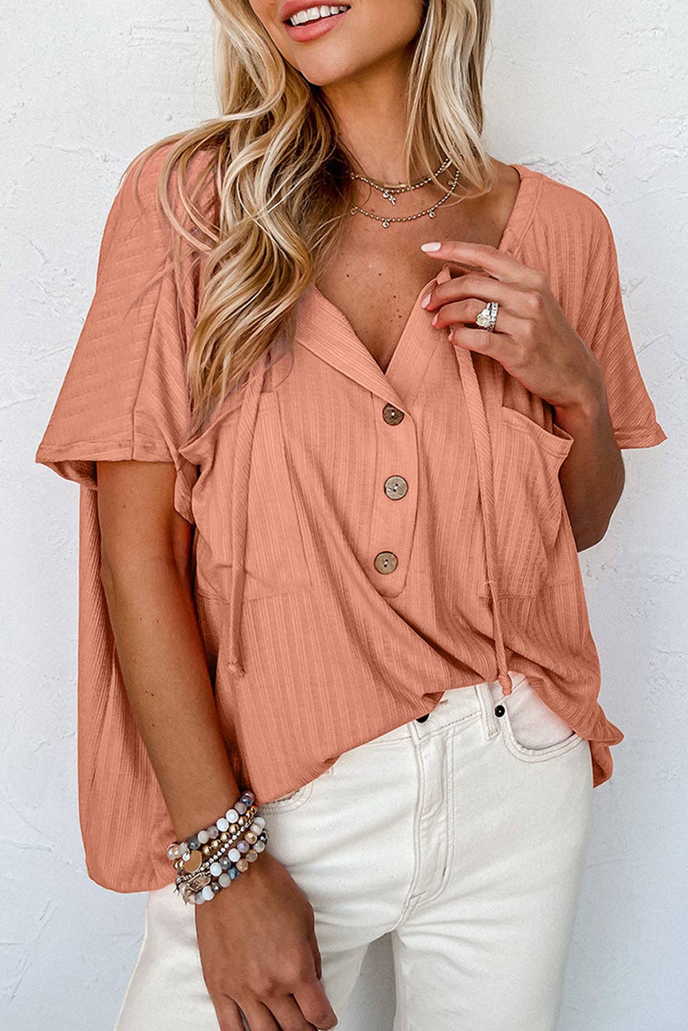 Buttoned Front Textured Loose Top: Small 0-4 / Orange