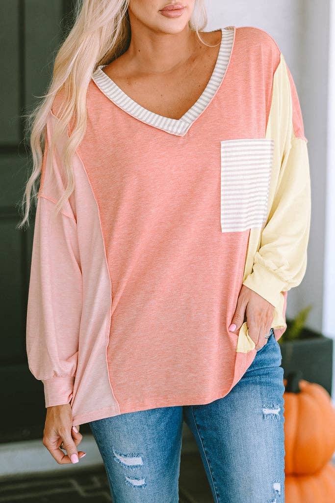 Stripe Colorblock Long Sleeve Shirt: S / Rose Gold