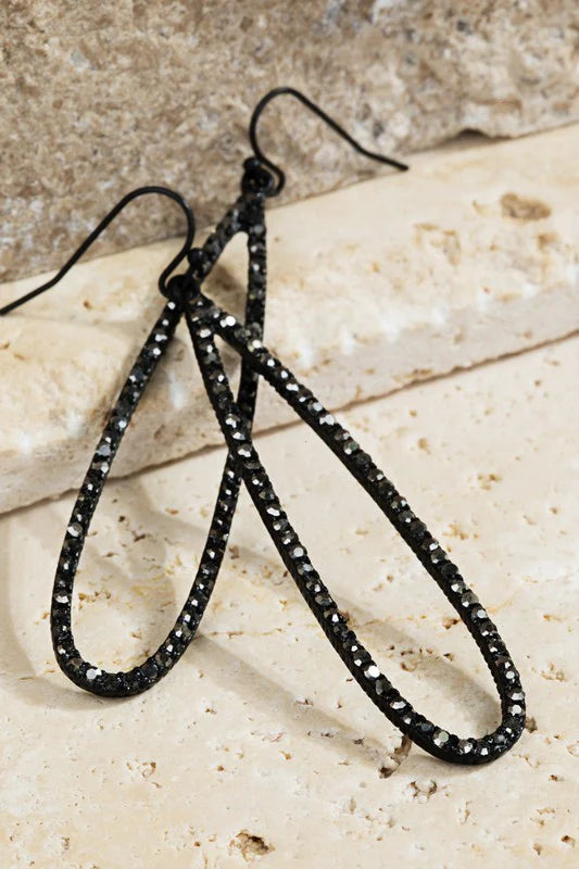 Pave oval tear drop and metal dangle fish hook earrings